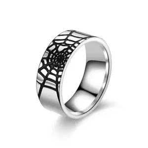 2022欧美时尚新款钛钢蜘蛛网涂油黑色男女不锈钢戒指