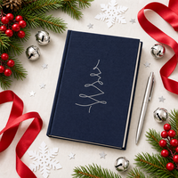 Carnet personnalisé A5 en lin avec couverture rigide, motif arbre de Noël bleu marine et argenté, reliure cousue, 80 feuilles, impression numérique, cadeau d'entreprise
