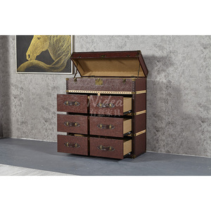 Vintage Brown Genuine Leather Aviator <strong>Storage</strong> <strong>Trunk</strong> Cabinet Side Table Chest Cabinet Industrial Aviator File <strong>Furniture</strong> - Product Image 1