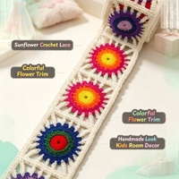 Ruban en tissu ethnique multicolore style bohème, à motif carré granny, garniture en dentelle au crochet, tissé ajouré géométrique, pour vêtements, sacs, chapeaux et artisanat DIY