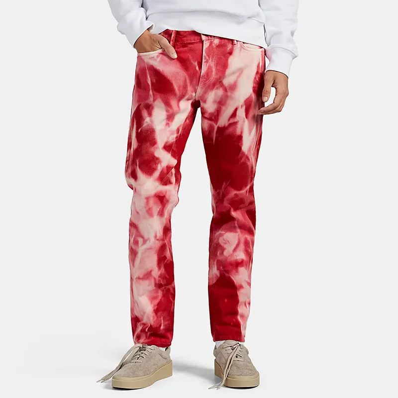 Red Spring Men Casual Denim Bleach Dyed Slim Jeans Long Pants