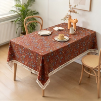 Nappe Jacquard Florale Vintage avec Pompons, Housse de Table Rectangulaire Tissée pour la Décoration de la Salle à Manger à la Maison