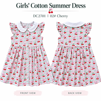 Dress anak perempuan pink motif kotak ceri katun musim panas kerah Peter Pan lengan ruffle grosir OEM ODM