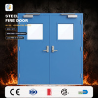 Porte double en acier à battants égaux avec panneaux de vision carrés doubles, poignées à levier pour ferme-porte, bleu, pour bureau, taille personnalisée
