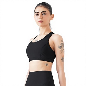 เสื้อชั้นในกีฬาผู้หญิงไร้ตะเข็บ สีดำล้วน คอกว้าง ทรง Racerback แบบครอปท็อป ระบายอากาศได้ดี ผลิตจากผ้าสแปนเด็กซ์และโพลีเอสเตอร์ ยืดได้สี่ทิศทาง เหมาะสำหรับโยคะระดับกลาง - Product Image 2