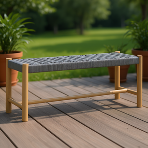 Outdoor <b>Grey</b> Patio Bench Wood <b>Frame</b> Minimalist Design Modern Style 2 Seater for Deck Garden Use - Product Image 2