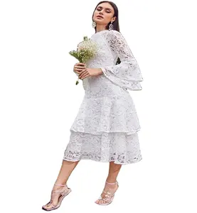 Vestido de casamento em camadas com babado, manga alargada de renda, vestido de noiva com babado, outono 2021