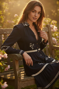 Robe boutonnée vintage marron pour femmes, broderie florale, robe longue à manches longues pour l'automne - Product Image 2