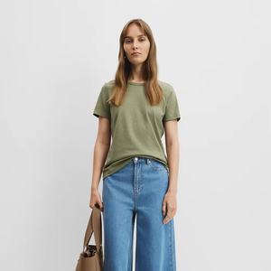 T-shirt à manches courtes col rond respirant et compressé pour femme, 100% coton, couleur unie, styles variés disponibles - Product Image 1