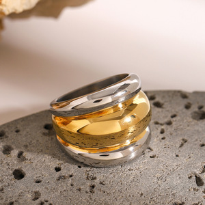 Anillos de Moda de Acero Inoxidable con Baño de Oro de 18k, Diseño Acanalado de Dos Tonos, Joyería Unisex para Regalo - Product Image 4