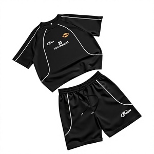 Ensemble T-shirt et short sportif noir pour homme, col rond, tricoté, 100% coton, séchage rapide, tenue d'été, couleur unie, motif crânes - Product Image 3
