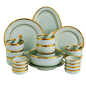 Gold Green Ceramic Bowl Plate <b>Dinnerware</b> <b>Set</b> Lightweight Luxurious Gold Edged Reusable Customized Color Creative - Product Image 6
