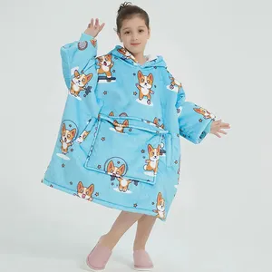 Taşınabilir büyük cep çocuk battaniye sevimli Corgi kazak kış giyilebilir Sherpa kapşonlu battaniye çocuklar için