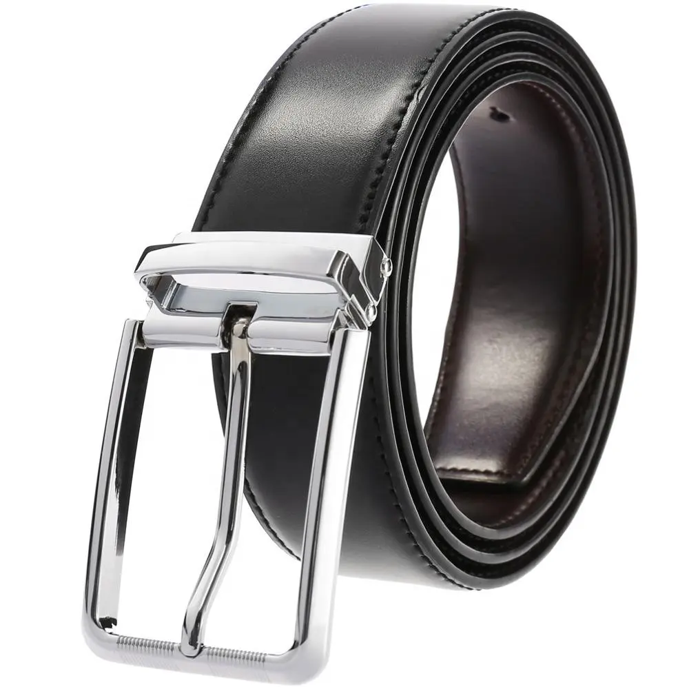 Vintage Shiny Metal Pin Buckle Black Brown Two Tones Cowhide Leather Dress Belt for Men