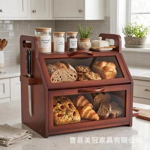Boîte à pain en bois Siyu à double couche avec porte-couteaux et pots à épices, rangement de cuisine pour pain et pâtisseries - Product Image 4