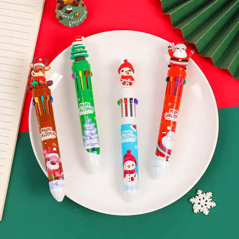Grosir pulpen tekan Natal desain baru pena bolpoin kartun 10 warna untuk anak-anak