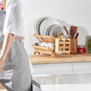 Bamboo Double Layer Dish Rack With Cup Holder Quick Dry Draining Rack For <b>Kitchen</b> Countertop Storage - Product Image 4