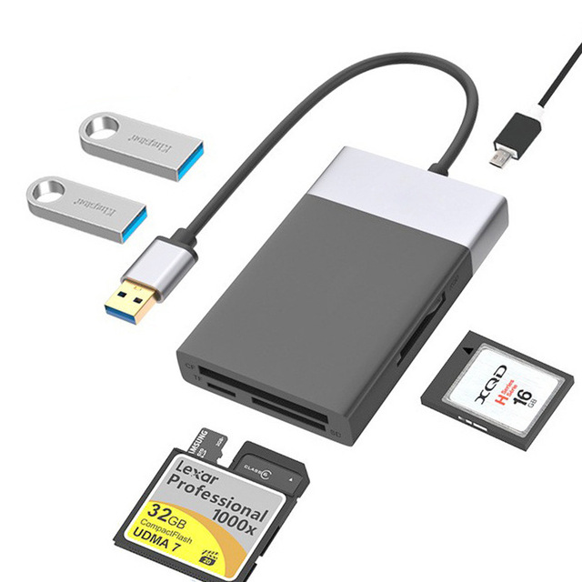 6 in 1 USB3.0 CF TF SD XQD Memory Card Reader Flash Disk Adapter for Windows for Mac Laptop HUB Adapter