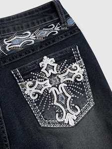 Jeans ajustados de mujer con elasticidad media, bordado cruzado en pantalones y cinturón, pantalones vaqueros de moda para mujer - Product Image 4