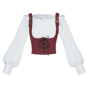Chaleco de gamuza para mujer, sin cuello, con hombros descubiertos, manga larga, estilo corsé vintage con etiqueta, disfraz de Halloween - Product Image 3