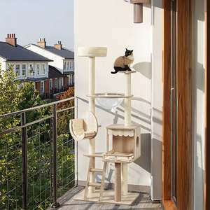 Meuble arbre à chat moderne et spacieux en bois, laine et sisal, avec niches et étagères murales, produit pour chats - Product Image 2