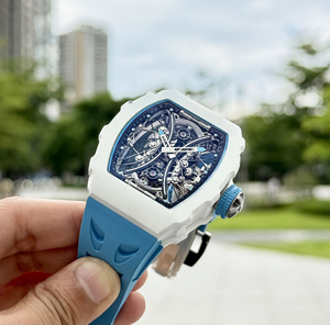 Montre mécanique squelette de luxe en forme de tonneau pour homme, automatique, style double tourbillon, avec bracelet en caoutchouc bleu - Product Image 2