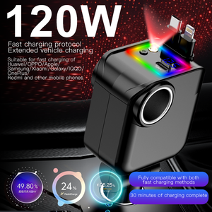ที่ชาร์จในรถยนต์แบบเร็ว 120W พร้อมสาย Type-C และ Lightning ในตัว ไฟ RGB จอแสดงผลดิจิตอล ช่องเสียบที่จุดบุหรี่ สำหรับ iPhone และ <span class=keywords><strong>Android</strong></span> - Product Image 2