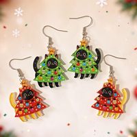 Boucles d'oreilles en acrylique double face Chat Noir Arbre de Noël, Bijoux d'oreille animaux de dessin animé mignons, Cadeau de Noël festif adorable pour femmes