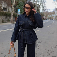 En Gros 2025 Tenues Chic d'Été Pantalon Ensemble Chemise Femme à Manches Longues avec Lacets + Jean Large Jambe Femme Costume 2 Pièces Décontracté Pantalon Femme