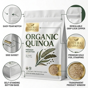 Sachet Doypack Personnalisé OEM 500g pour Céréales Protéinées, Qualité Alimentaire, Refermable avec Fermeture Éclair et Fenêtre pour Grains, Poudres et Haricots - Product Image 2