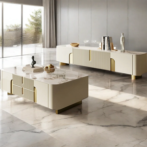 Mesa de televisión móvil blanca y dorada, soporte de TV para chimenea, soporte de TV de 75 pulgadas con chimenea y mesa de centro - Product Image 1