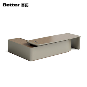 Luxury CEO Executive Desk - Light <strong>Wood</strong> Grain <strong>Desktop</strong> with Integrated Cable Grommet &amp; Seamless Curved Base for Corporate Leaders - Product Image 1