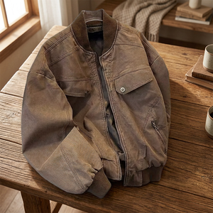 Autumn <b>Men's</b> Vintage Distressed Varsity <b>Leather</b> <b>Jacket</b> with Stand Collar Zipper Closure Eco-friendly Cleanfit Work Casual Style - Product Image 3