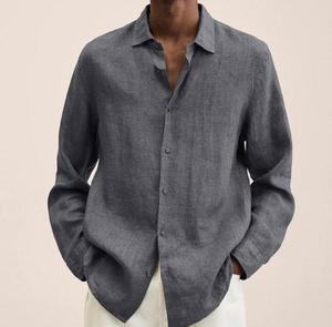 <span class=keywords><strong>Camicia</strong></span> da <span class=keywords><strong>Uomo</strong></span> a Maniche Lunghe di Alta Qualità in Cotone e <span class=keywords><strong>Lino</strong></span>, Primaverile Casual Ampia con Bottoni a Tinta Unita - Product Image 2