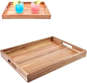 Plateau en bois 43 * 30 * 4 cm, plateau de service en bois d'acacia avec poignée pour le petit-déjeuner, le dîner, la table basse ou le pouf - Product Image 1