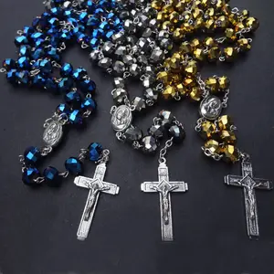 Новый продукт, цепочка с Католическим крестом из голубого стекла, ожерелье для женщин и мужчин