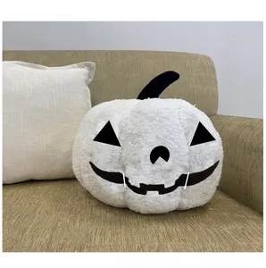 Super Soft Halloween Embroidered Pillow Round Shaped Ghost Pumpkin White Pillow