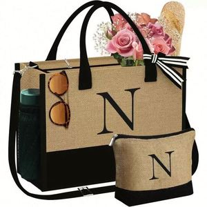 Sacs de courses personnalisés en toile avec poignées en sangle, sacs fourre-tout en jute et toile de jute avec doublure imperméable - Product Image 2
