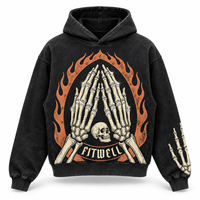 Sweat à capuche streetwear noir délavé personnalisé avec motif squelette mains en prière et flammes, orné de strass, pour marques de mode