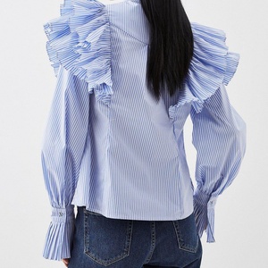 New Casual Woven Breathable Button Front Stripe Women'<b>s</b> <b>Blouse</b> Long Sleeve Slimming Shaping Waistline OEM - Product Image 3
