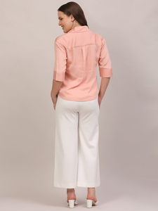 Camisa Formal Color Durazno |   Top Informal Sólido para Oficina |   Camisa Suave y Cómoda con Botones |   Camisa elegante de manga 3/4 para mujer - Product Image 3