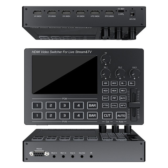 Xput 4 Way 1080P/60Hz HDMI Video Switcher Built-in 5-inch Screen 4 HDMI Input 2 HDMI Output for Production of Programs Live