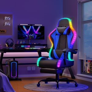 <span class=keywords><strong>Silla</strong></span> <span class=keywords><strong>Gamer</strong></span> Económica de Cuero Reclinable Multifuncional Azul para PC, con Reposapiés <span class=keywords><strong>y</strong></span> Masaje, con Luces LED - Product Image 2