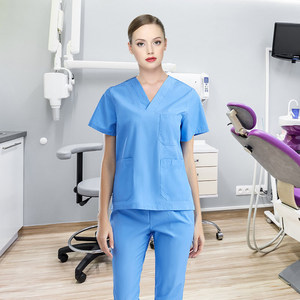 Ensemble de blouses et pantalons d'hôpital 100 % coton à col en V pour femmes, manches courtes, uniformes d'infirmière, tenue de travail confortable et antistatique - Product Image 1