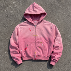 Custom Vintage Distressed Paint Acid Wash Heavyweight Sun Faded Pink <strong>Hoodie</strong> <strong>Men</strong> Cotton French Terry Oversized <strong>Zip</strong> <strong>up</strong> Hoodies - Product Image 1