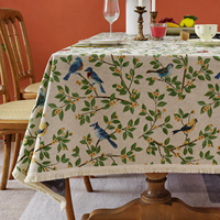 Nappe décorative moderne en jacquard tissé motif oiseaux de jardin, en lin à franges pour salle à manger intérieure et table de café