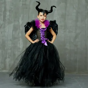 2023 Evil Dark Queen Deluxe Black Glam Dresses Kids Ball Gown Gothic Fairy Robe Children Cosplay Clothes Halloween Girls Costume