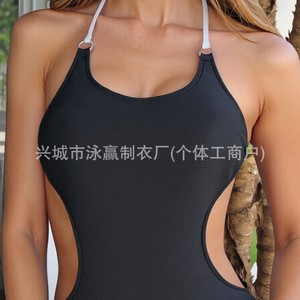 Maillot de bain une pièce de couleur unie pour femmes, noir, en spandex, col halter, dos nu, maillot de bain à la mode, S M L XL - Product Image 2
