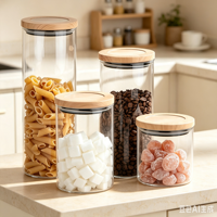 Pot de conservation en verre rond transparent en borosilicate de haute qualité avec couvercle en bois pour la conservation des aliments, disponible en 1800 ml, 1500 ml, 1100 ml et 700 ml