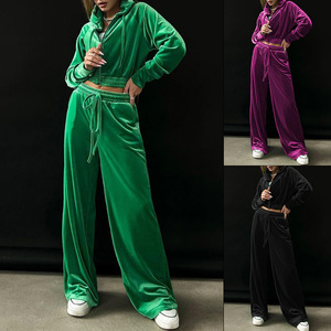 Nouvel ensemble 2 pièces pour femme en velours uni, haut à manches longues à capuche et pantalon à cordon de serrage, tendance - Product Image 2